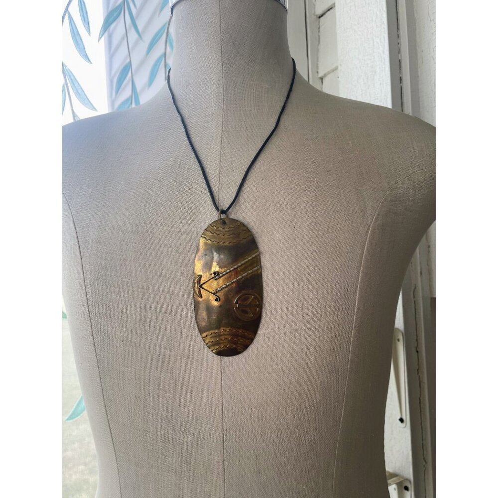 Vintage 60's Hippy Brass Large Pendant Peace Sign Leather chord - Picture 5 of 14